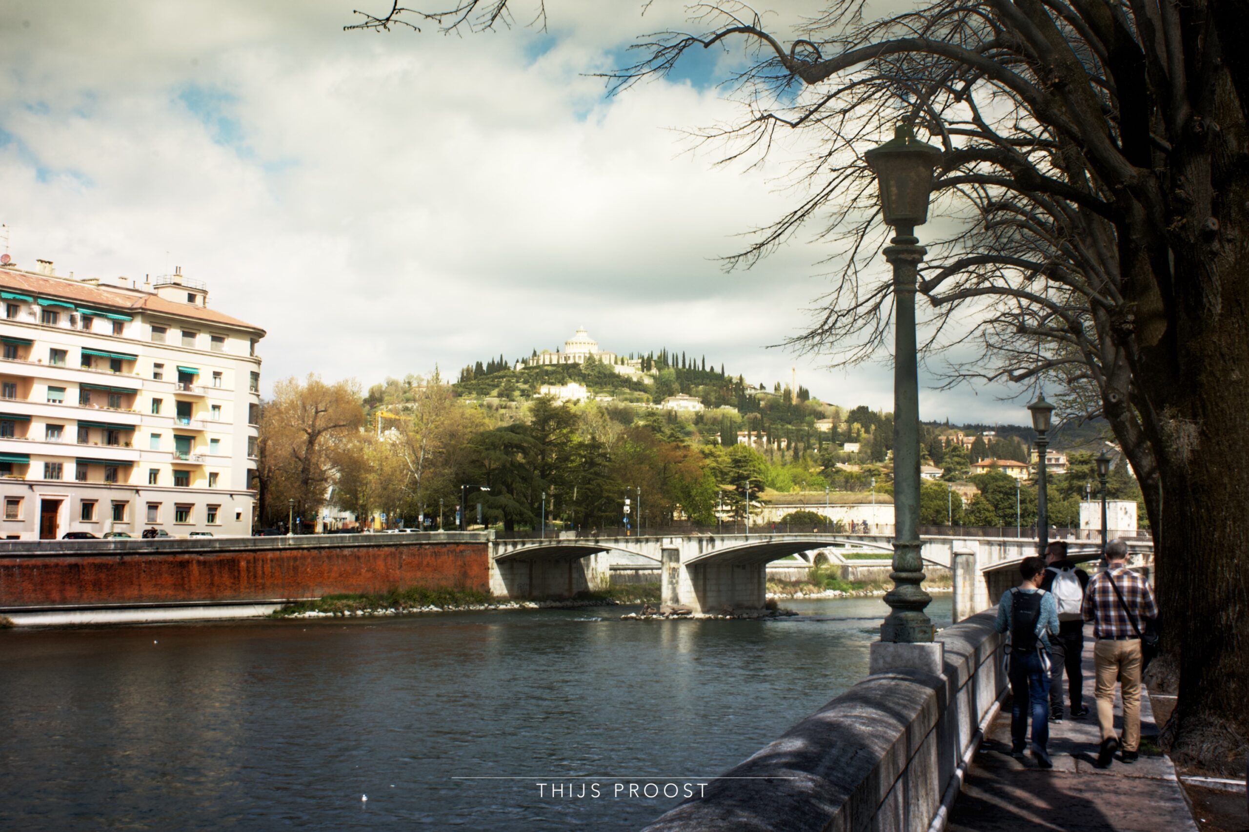 Verona River with tree and view on a hill in the distance. A bridge crosses the river. In front of the tree is a lantern pole.
